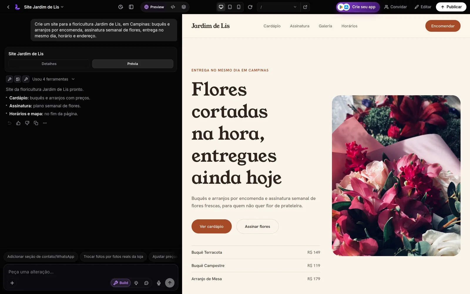 O editor com o site pronto na prévia, ao lado do chat