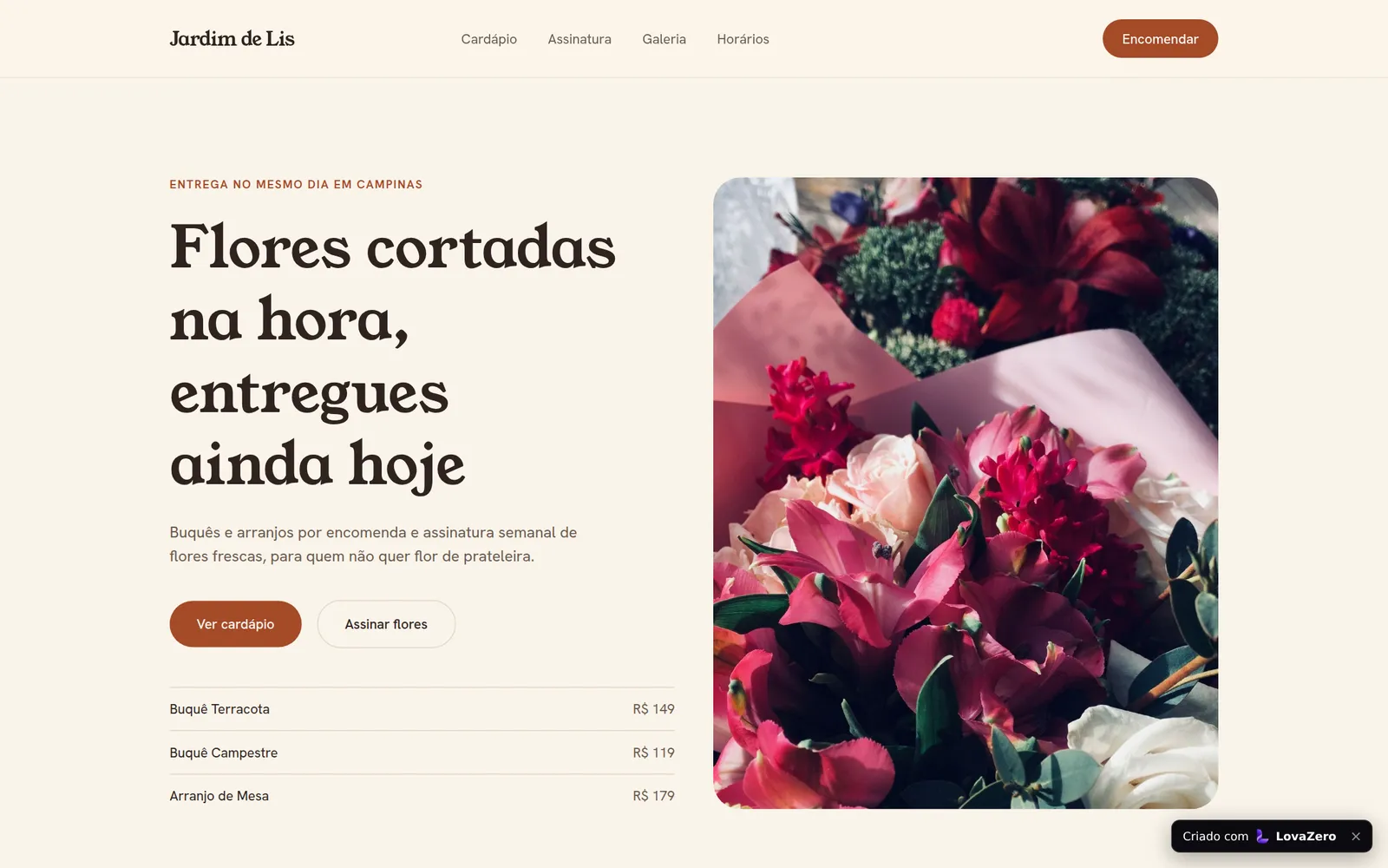Um site publicado pela plataforma, aberto sozinho no navegador
